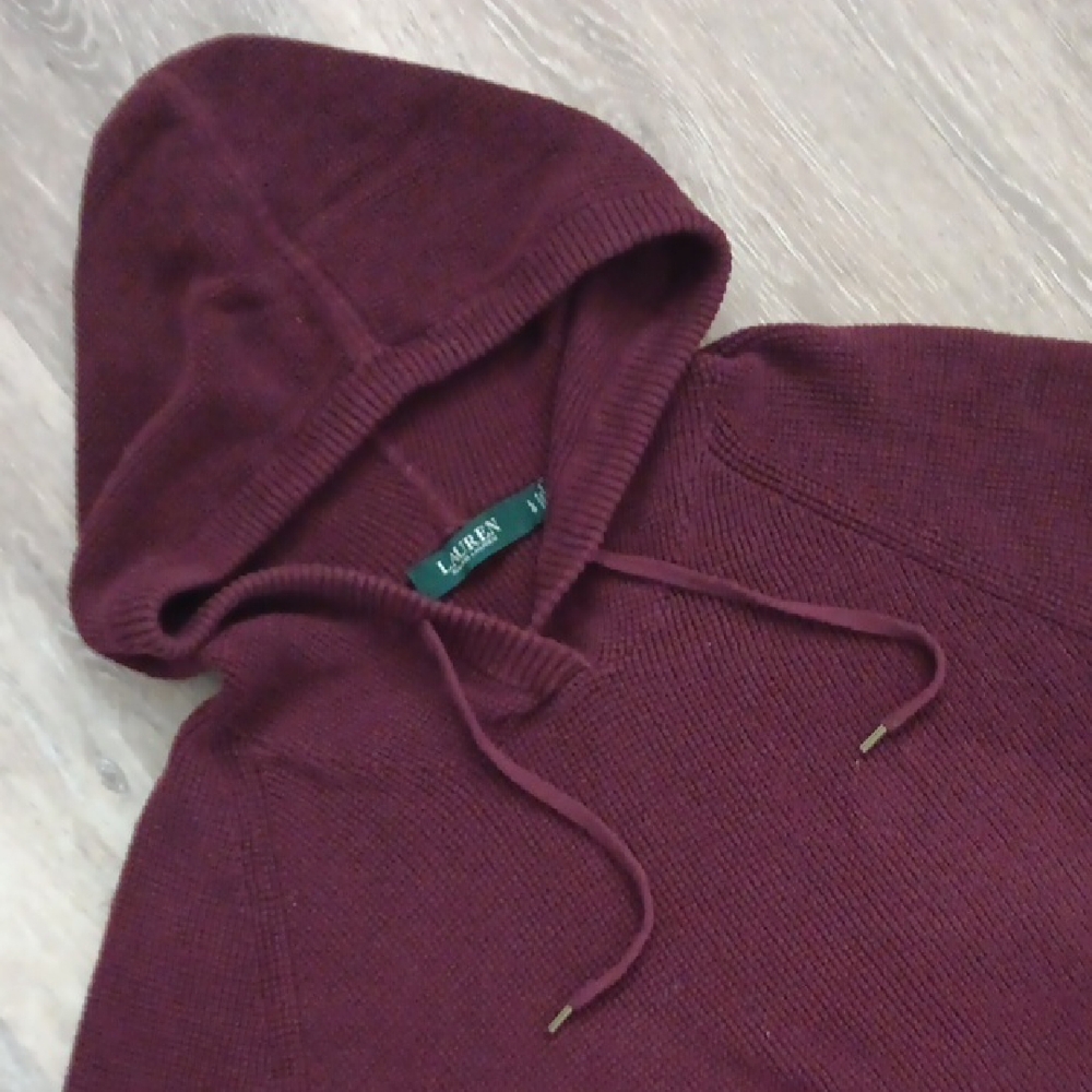 LAUREN Ralph Lauren Deep Red Knit Sweater Hoodie Women's L 100% Cotton